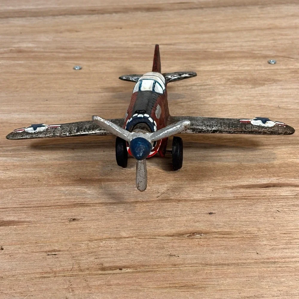 Vintage Cast Iron P-41 Fighter Plane Model WWII Style Shark Mouth Metal Aircraft